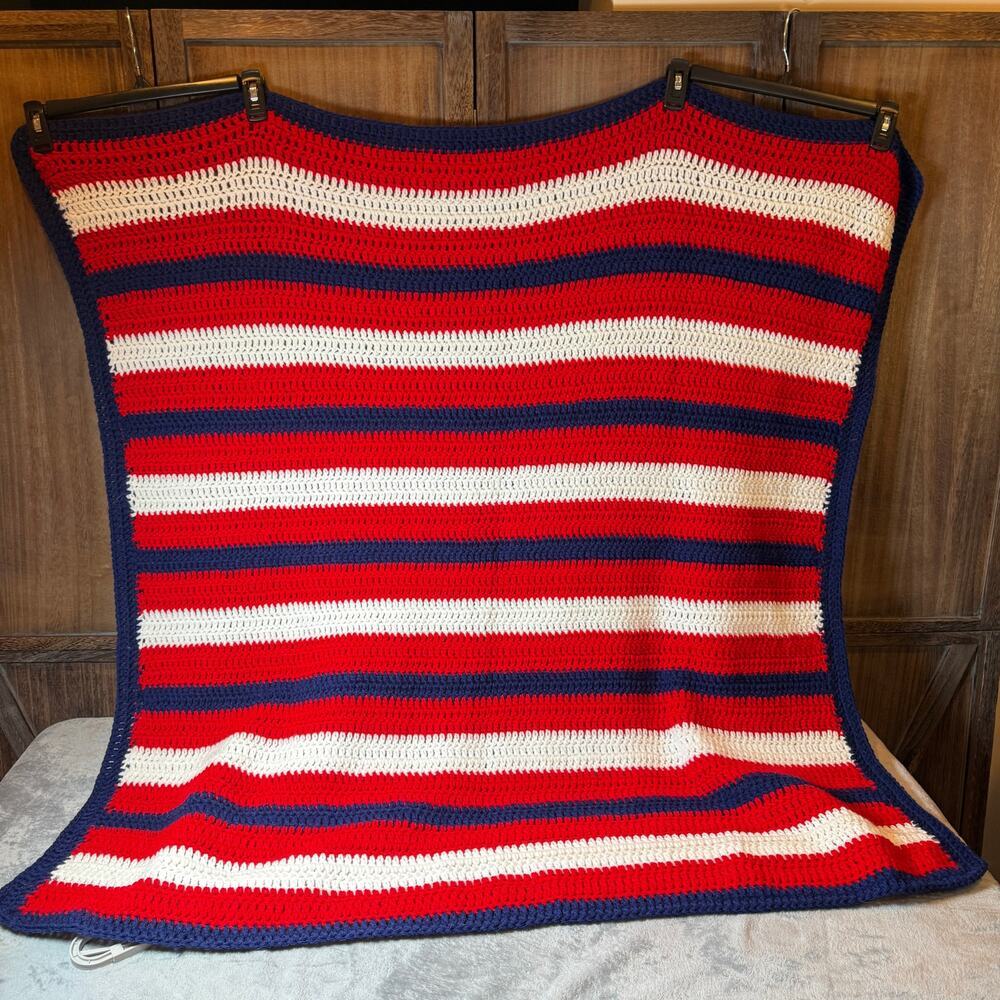 Handmade Crochet Afghan Throw Blanket Red White Blue Patriotic Americana 48 x 48